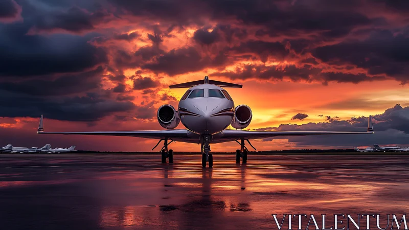 Front-view business jet on wet runway under dramatic sunset