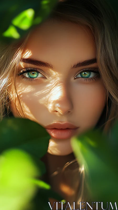 Soft green-eyed gaze framed by gentle sunlit leaves.
