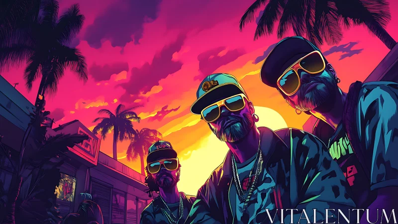 Neon sunset crew swaggering through vaporwave palm streets.