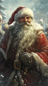 Santa Claus strides through swirling snow, coat gleaming bright.