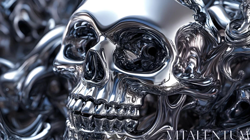 Shiny Metallic Skull in Abstract Liquid Chrome Style Artwork.