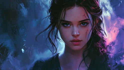 Scarred heroine portrait in neon blue and violet brushlight.