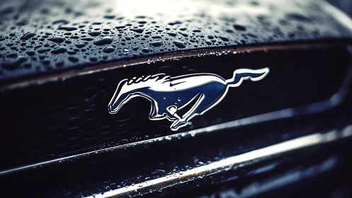 Chrome pony emblem gleams on a rain-soaked performance grille