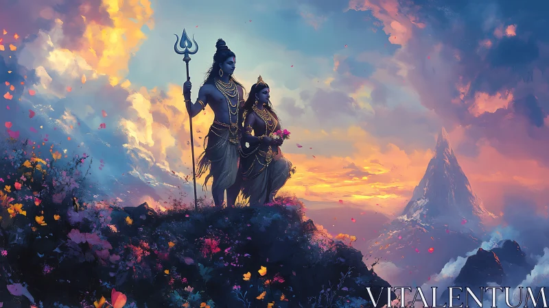 Divine silhouettes pause on a sky-brushed cliff at sunrise