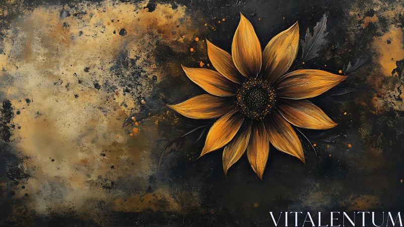 Sunflower bloom on textured charcoal and ochre ground.