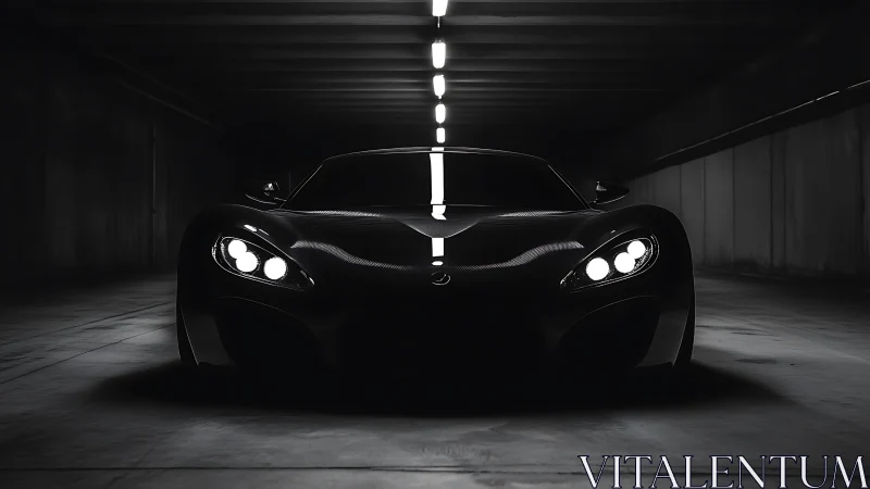 Low-lit sports car front view in dark concrete tunnel