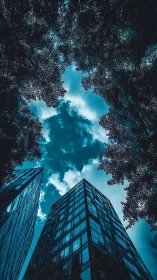 Glass towers rise between dense tree canopy and vivid sky