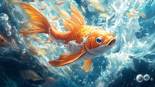 Goldfish hero rockets through swirling sapphire waves