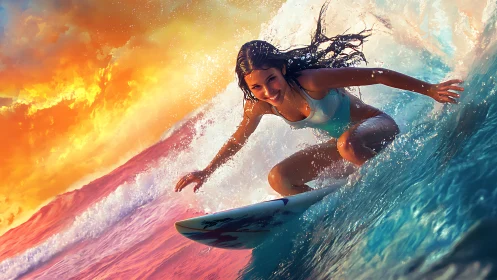 Confident young surfer rides vibrant sunset wave with focus.