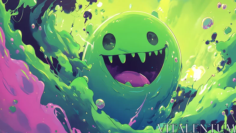 Neon slime monster bursts through swirling liquid chaos.