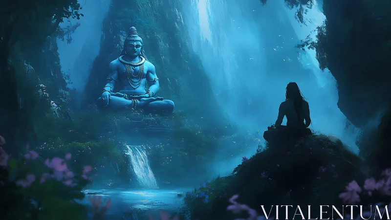 Moonlit yogi before colossal Shiva in misty blue valley.