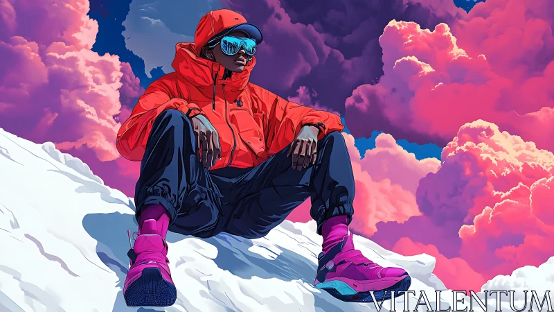 Digital painting of urban climber in neon alpine cloudscape.