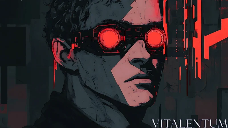 Cybernetic portrait with neon red optical goggles glow.
