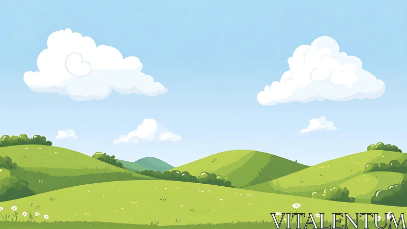 Soft rolling green hills rest under bright playful clouds