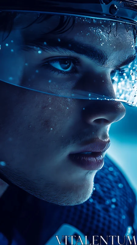 Close-up profile of ice hockey player in blue lighting.