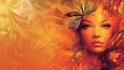 Autumn muse portrait merges floral forms and molten light.