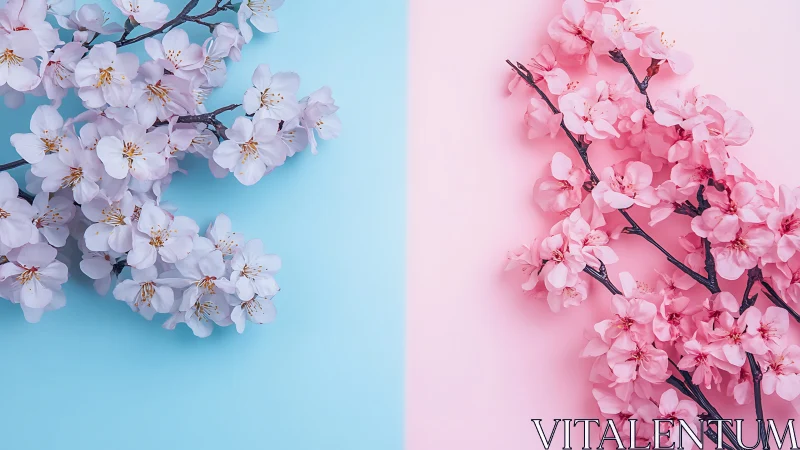 Split-composition floral still life with white and pink flowering branches.