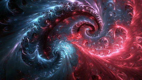 Fractal spiral shapes form dense red and blue swirling field