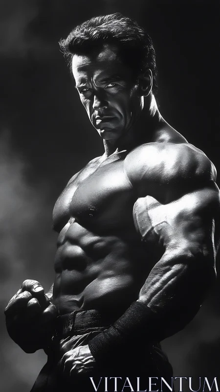 Intense monochrome bodybuilder stands in dramatic studio light