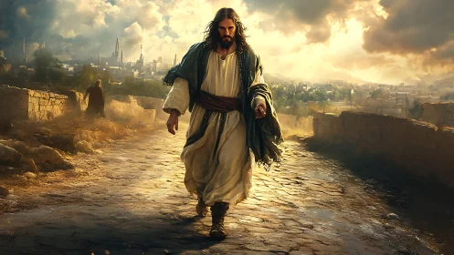 Sunlit robed figure strides on textured stone road toward city