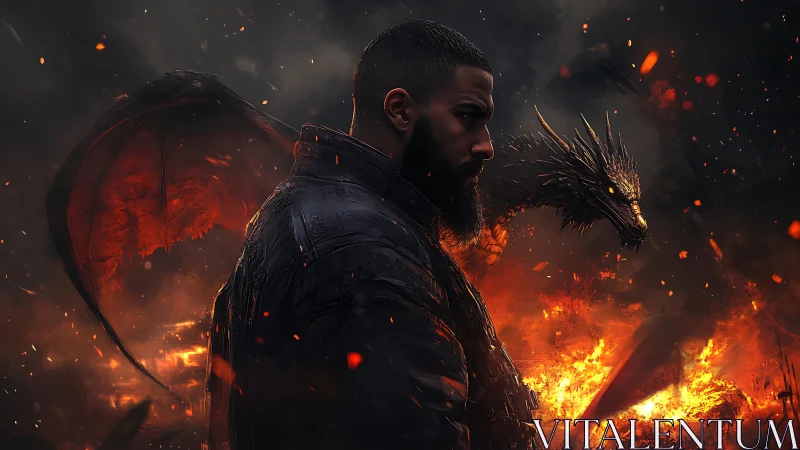 Bearded warrior in scorched armor beside firelit dragon ally