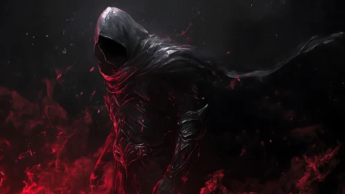Hooded dark warrior in reflective armor amid red spectral flames
