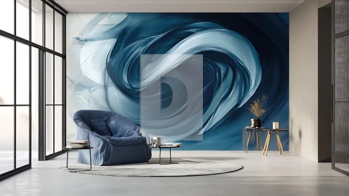 Modern living room with abstract blue swirl mural and cozy decor.