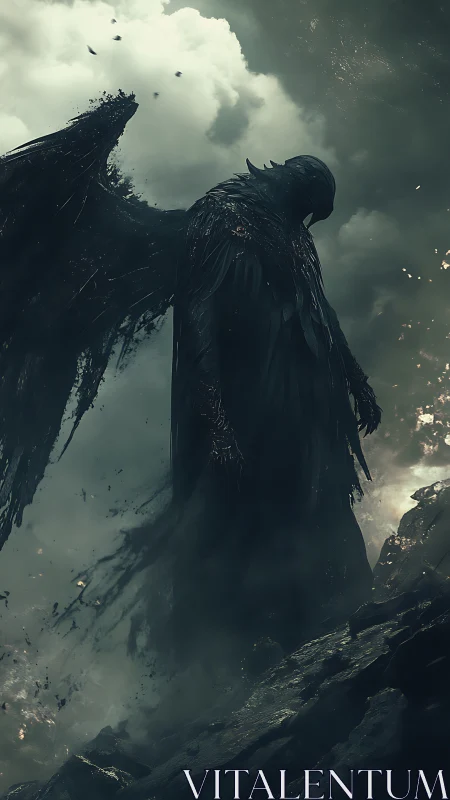 Shadowed fallen angel stands amid storm-torn wasteland