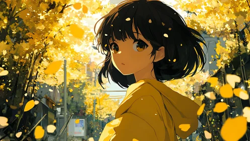 Autumn street portrait renders girl in golden backlit bokeh