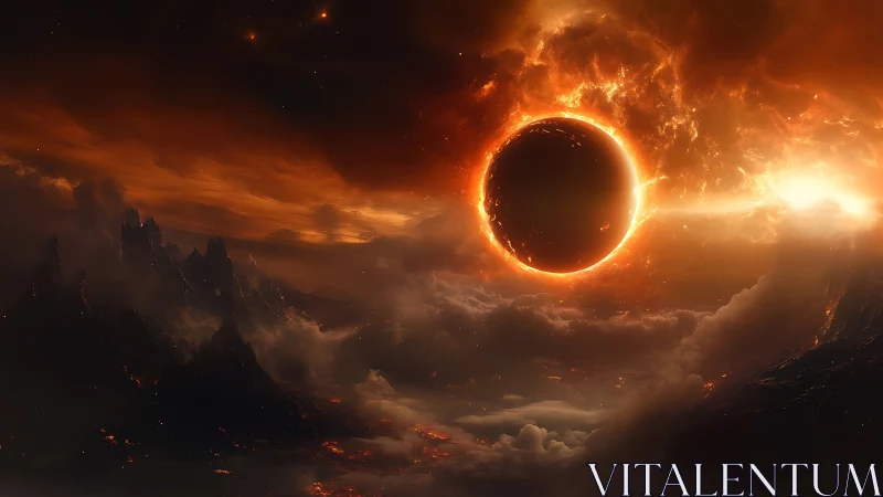 Fiery eclipse above apocalyptic volcanic cloudscape.