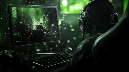 PC gamer at desk with green-lit monitor and peripherals.