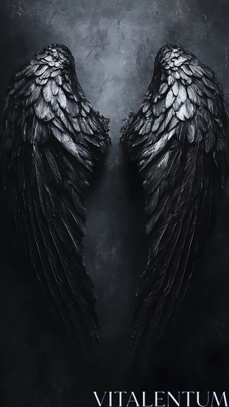 Dark feathered wings against textured grey background.