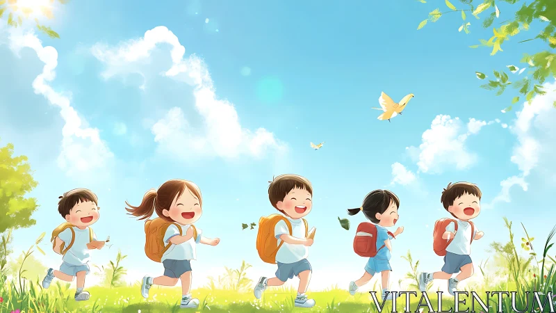 Children running outdoors with backpacks on sunny day.