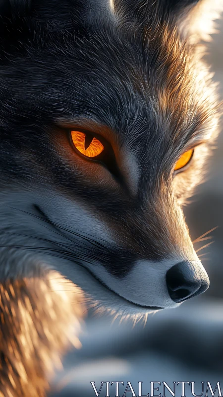 Hyperreal fox close-up with molten amber eyes in side light
