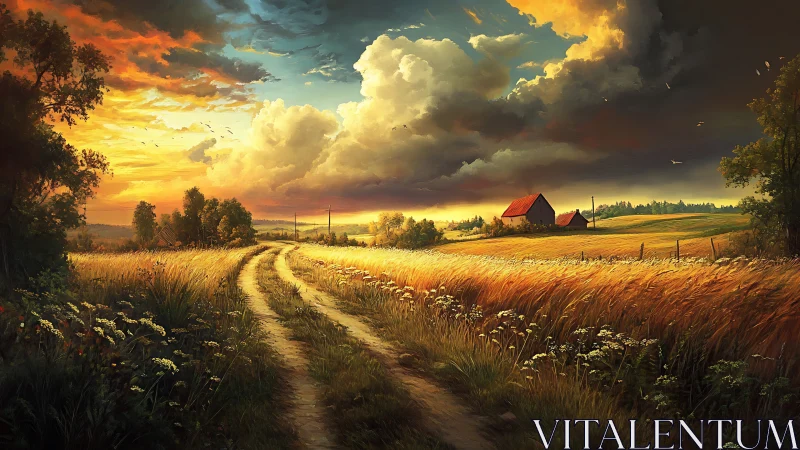 Sunlit country road through golden wheat fields at dusk.