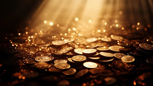 Radiant stochastic field of illuminated Bitcoin token coins.