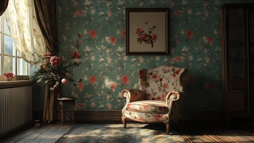 Soft side-lit vintage armchair in a florally patterned sitting room