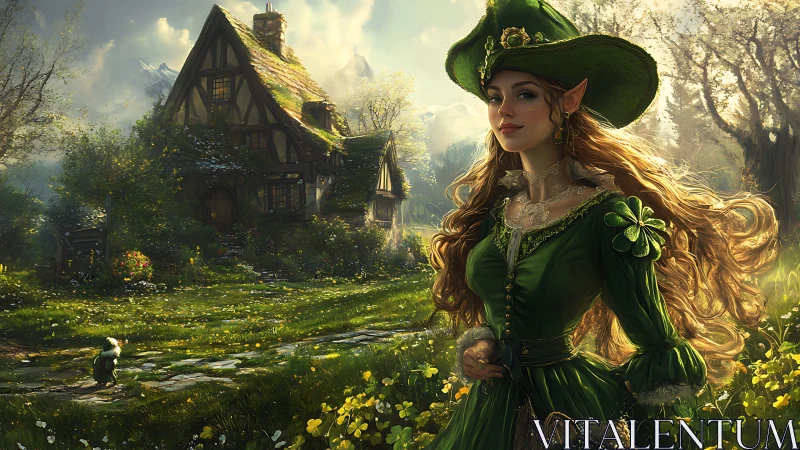 Elf woman in green dress stands before cottage in meadow
