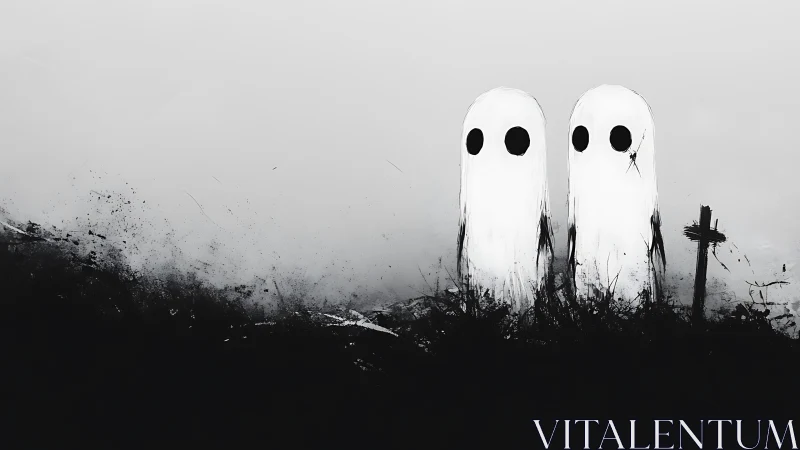 Two lonely ghost figures drift above a stark graveyard