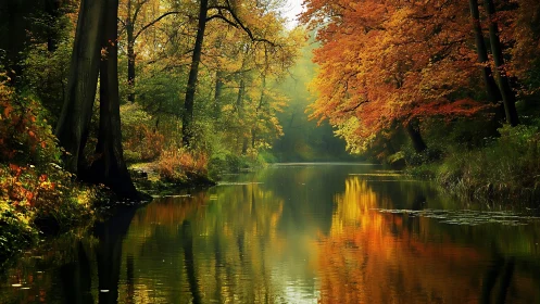 Autumnal riparian corridor with high-saturation canopy reflections.