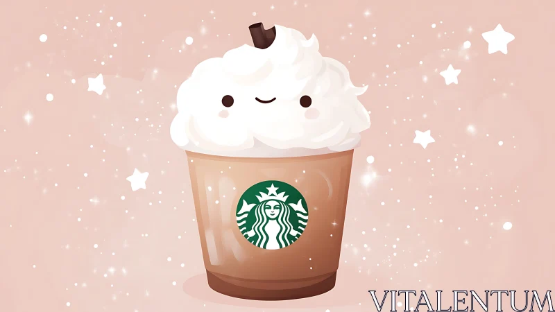 Smiling whipped cream frappuccino in a starlit pastel swirl.