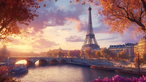 Autumn dusk drapes Paris in rosy light along the quiet Seine.