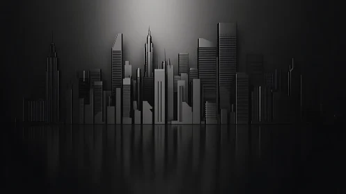 Monochrome metropolis skyline with reflective noir glow.