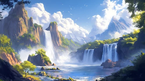 Sunlit mountain waterfalls cascade into a tranquil valley lake.