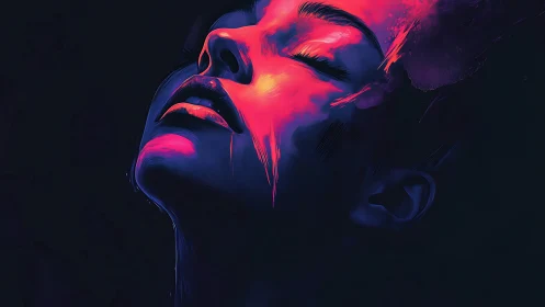 Digital portrait shows upward-angled face in neon lighting