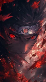 Fiery ninja gaze cuts through swirling crimson leaves.
