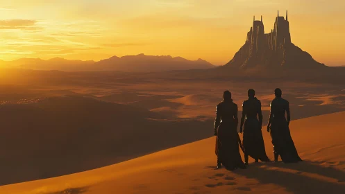 Four robed figures on desert dunes facing distant rock citadel.