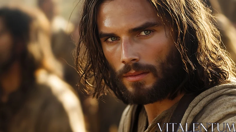 Bearded long haired man in close frontal portrait outdoors.