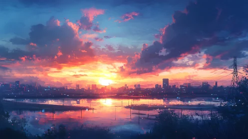 Sunset circuitry over neon river and dreaming city horizon.