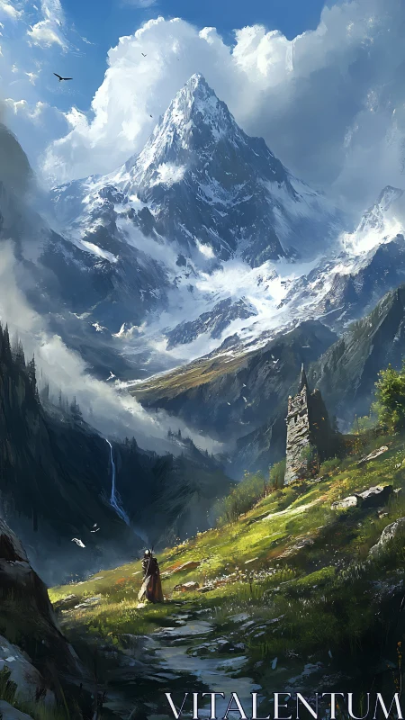 Solitary wanderer courts the thunderheart peak of clouds